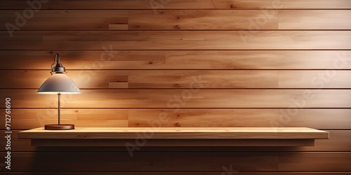 Product display template with wooden table, wall, and lighting background.