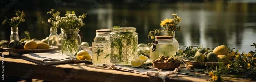Summer veranda with a set table, with a glass jug and glasses with a refreshing drink, cookies, surrounded by yellow flowers and soft pillows on the sofa in the warm sunlight. Concept: eat in nature
Summer veranda with a set table, with a glass jug and glasses with a refreshing drink, cookies, surrounded by yellow flowers and soft pillows on the sofa in the warm sunlight. Concept: eat in nature