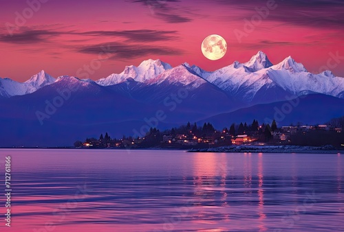 A purple moon setting as snow covered mountains sit atop it  in the style of seaside vistas