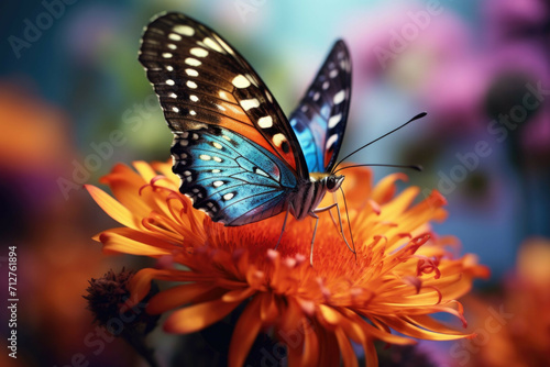 A close-up of a vibrant and colorful butterfly perched on a flower in a lush garden