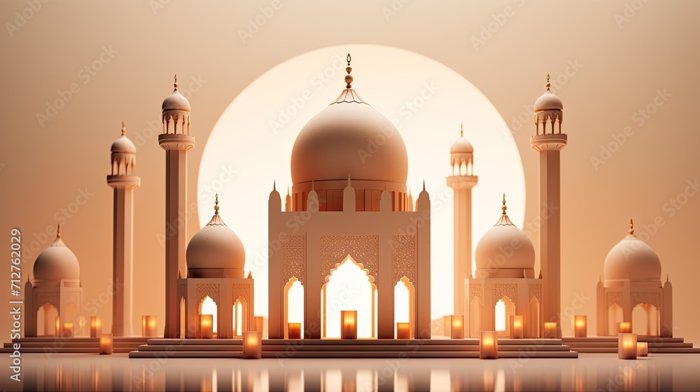 an eid mosque with little lanterns in the background, in the style of light bronze and light beige