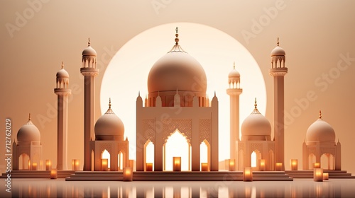 an eid mosque with little lanterns in the background, in the style of light bronze and light beige