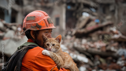 An Asian rescue worker holds a cat the only survivor of a terrible earthquake, the scene is dark with collapsed buildings in the background.