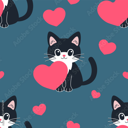 Seamless pattern with cute black cats and hearts. Vector Illustration