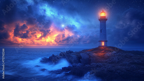A lighthouse on the island with a beautiful night view