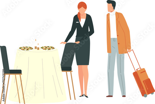 Waitress greeting male guest with suitcase at restaurant. Man arriving at hotel dining area with luggage. Hospitality and customer service concept vector illustration.