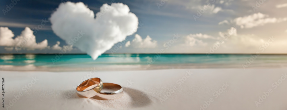 Wedding rings on white sandy beach with a heart shaped cloud in the sky. Panorama with copy space.