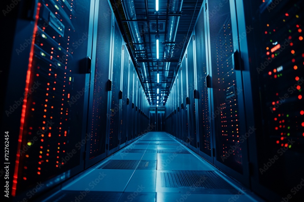 Modern Data Technology Center Server Racks in Dark Room with VFX ...