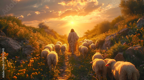 Guiding Light: Jesus Christ as the Good Shepherd Leading His Lambs - Christian Symbolism photo
