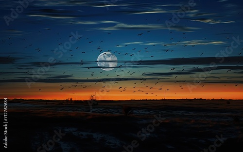 A full moon is seen above the horizon during night, in the style of motion blur panorama, indigo and amber