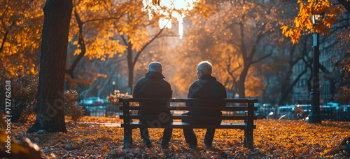 Two senior men sitting on a bench in an autumn park