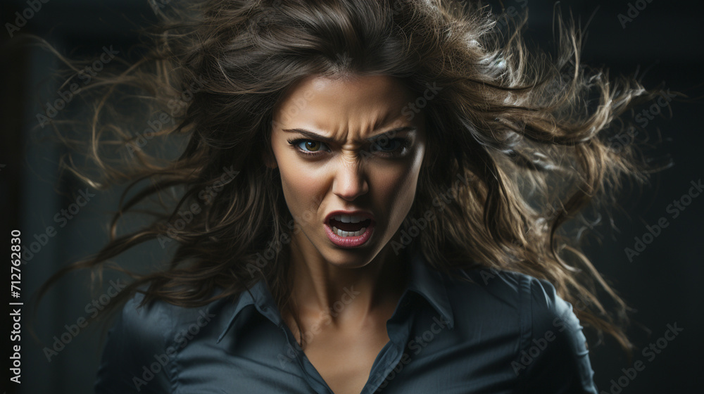 Close-up portrait of angry screaming woman in public place Close-up portrait of angry screaming woman in public place