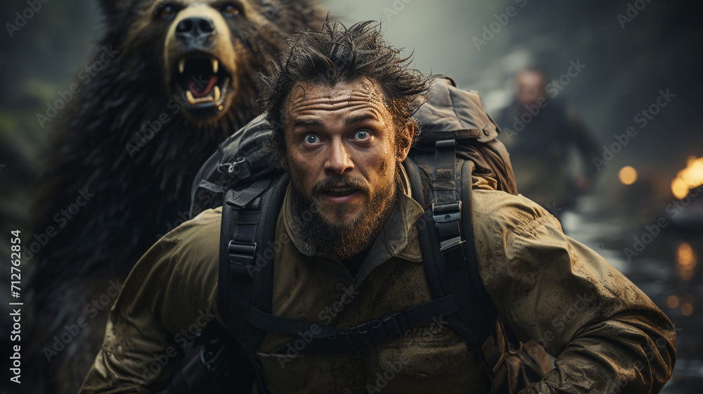 A wild, big dangerous black bear is running after the hunter A wild, big dangerous black bear is running after the hunter