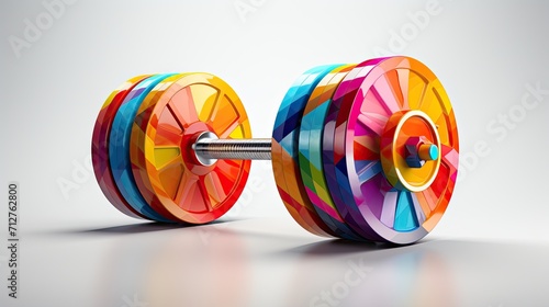 Multicolored barbell isolated logo, art, concept art. Colorful dumbbell isolated on white background. Sports equipment for the gym. Barbell or dumbbell logo. Sports and training, fitness, gym