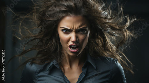 Close-up portrait of angry screaming woman in public place