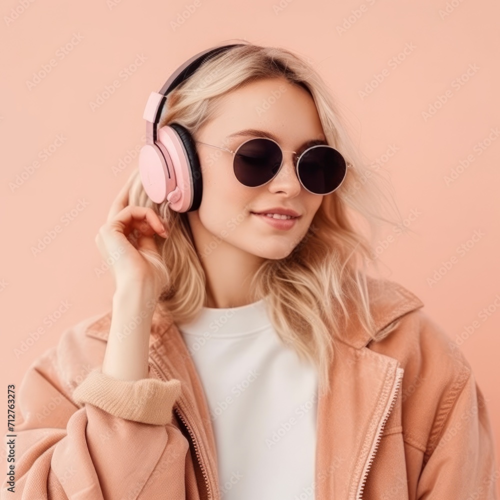 Naklejka premium Smiling woman listening to music, stylish blonde girl in headphones and sweater on a plain pastel background. 