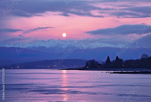 Dusk landscape over pacific northwest, in the style of romantic moonlit seascapes, orange and magenta