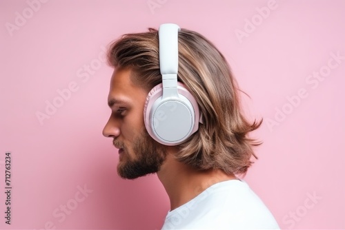 Happy millennial man with beard enjoying music on headphones on a plain pastel background. Concept: audio podcasts and listening to books, self-education through stereo