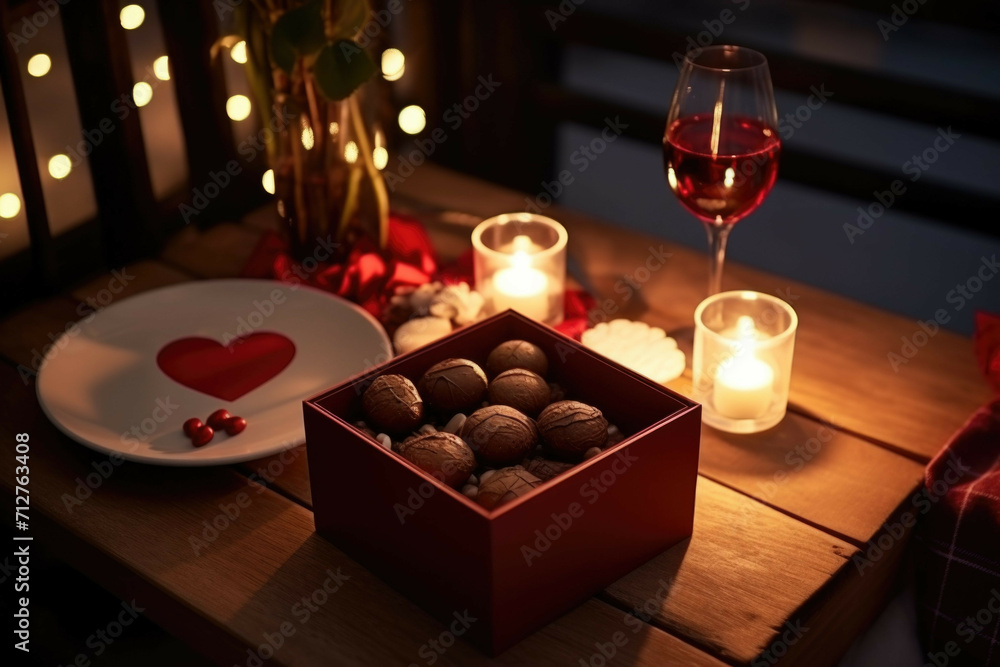 A romantic dinner setting for two with a heart-shaped box of chocolates and two glasses of red wine A romantic dinner setting for two with a heart-shaped box of chocolates and two glasses of red wine
