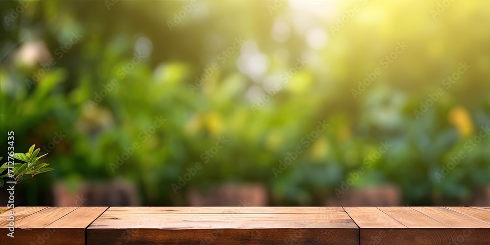 Product display montage outdoors with an empty wooden table, green bokeh background - obrazy, fototapety, plakaty 