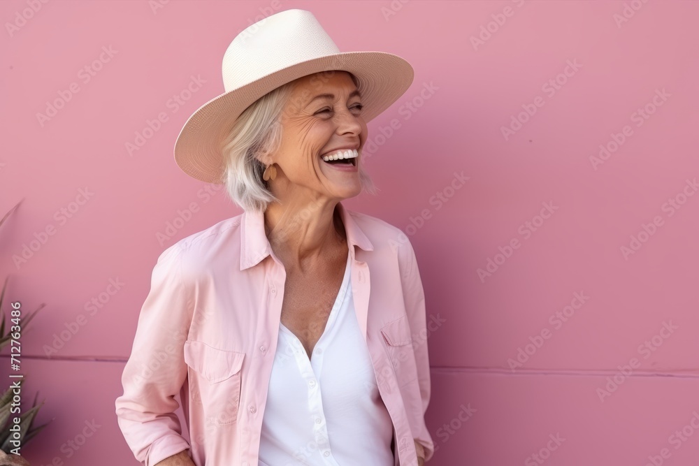Portrait of happy senior woman in hat standing against pink wall. Portrait of happy senior woman in hat standing against pink wall.