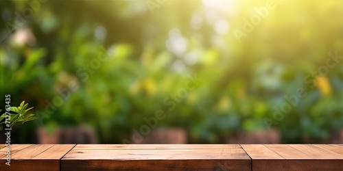 Product display montage outdoors with an empty wooden table, green bokeh background