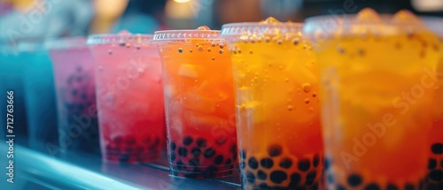 Boba tea with cassava starch balls in a snack bar, bright lighting and colorful palette photo