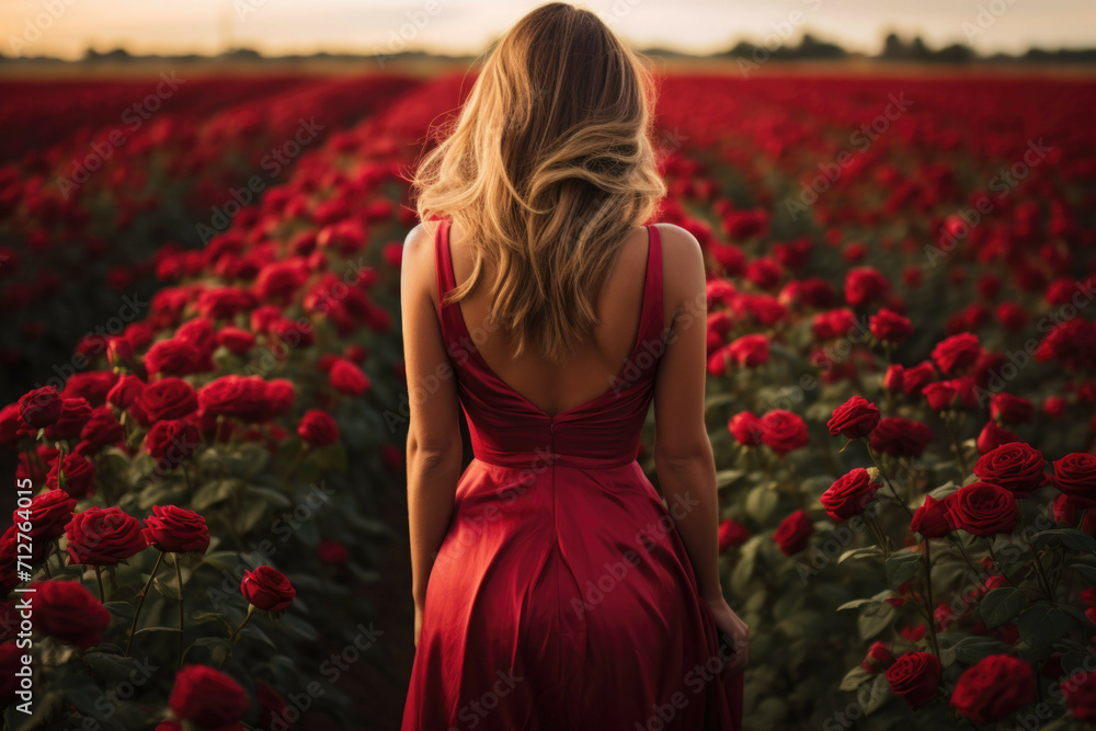 A woman in a long red dress standing in a field of red roses with her ...