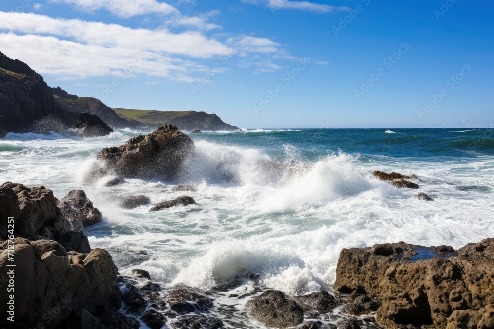 Serenity Unveiled, The Majestic Dance of a Vast Aquatic Expanse Encircled by Ancient Rocks