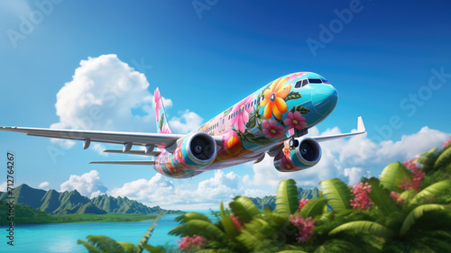 Wallpaper Mural an airplane decorated with flowers flies across the sky, summer travel, flight to Hawaii, air transport, tourism, nature, beauty, vacation, tropics, height, speed, garland Torontodigital.ca