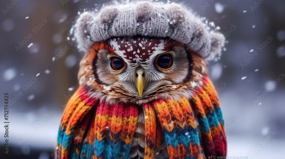 Funny portrait of an owl in a knitted hat and scarf. Funny animals, prints for clothes and paper, stationery. Posters, wallpapers with an owl. Winter collection of knitted clothes. Goods for pets.
Funny portrait of an owl in a knitted hat and scarf. Funny animals, prints for clothes and paper, stationery. Posters, wallpapers with an owl. Winter collection of knitted clothes. Goods for pets.