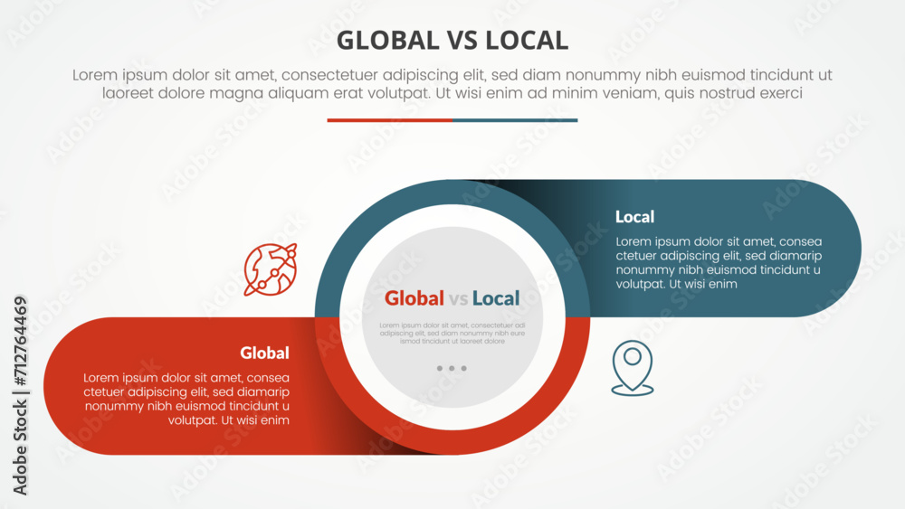 global vs local versus comparison opposite infographic concept for slide presentation with big circle and round rectangle information on shadow with flat style global vs local versus comparison opposite infographic concept for slide presentation with big circle and round rectangle information on shadow with flat style