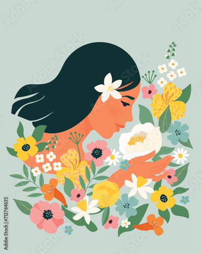 Happy Women s Day March 8  Cute cards and posters for the spring holiday. Vector illustration of Young girl enjoying the beauty of spring wildflowers