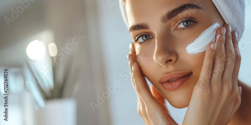 beautiful young woman applying moisturizer to her skin, generative AI photo