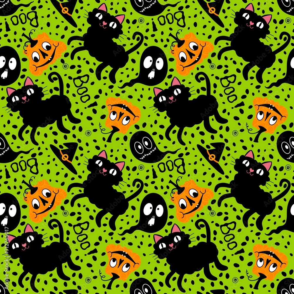 Obraz premium Halloween cartoon animals seamless cats and pumpkins and ghost pattern for wrapping paper and fabrics