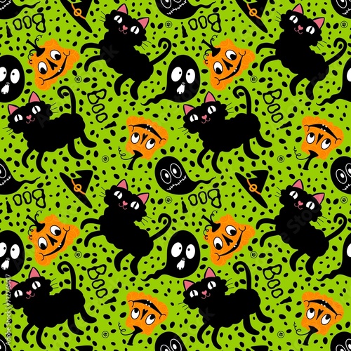 Halloween cartoon animals seamless cats and pumpkins and ghost pattern for wrapping paper and fabrics