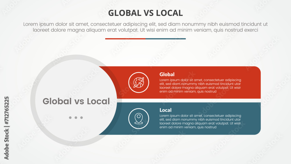 global vs local versus comparison opposite infographic concept for slide presentation with big circle and sharp rectangle with flat style