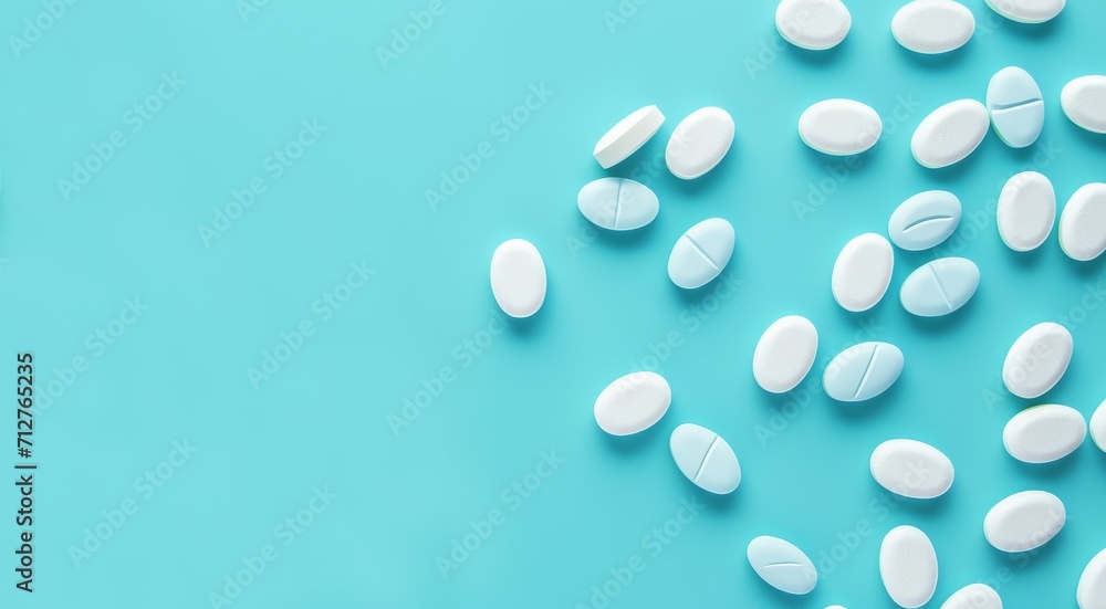 Pills, scattered on blue background, copy space, banner. Concept: medicine, healthcare, pharmaceuticals