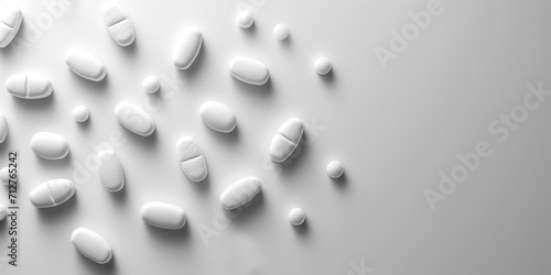 White pills, scattered on white background, copy space, banner. Concept: medicine, healthcare, pharmaceuticals