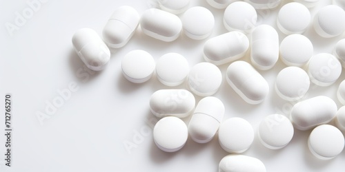 White pills, scattered on white background, copy space, banner. Concept: medicine, healthcare, pharmaceuticals