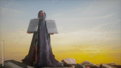 The Biblical prophet Moses holds the tablets with the Ten Commandments render 3d photo