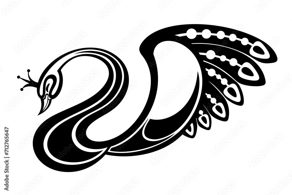 Fototapeta premium Black silhouette swan largest flying bird. Animal design flat vector illustration isolated on white background