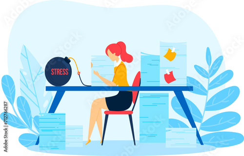 Red-haired woman overwhelmed with work at desk facing a stress bomb. Office worker dealing with deadline vector illustration. Burnout, pressure, job stress concept vector illustration.