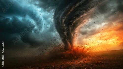 Dramatic storm tornado vortex, powerful and dynamic forces of nature in a cyclone outdoor setting. photo