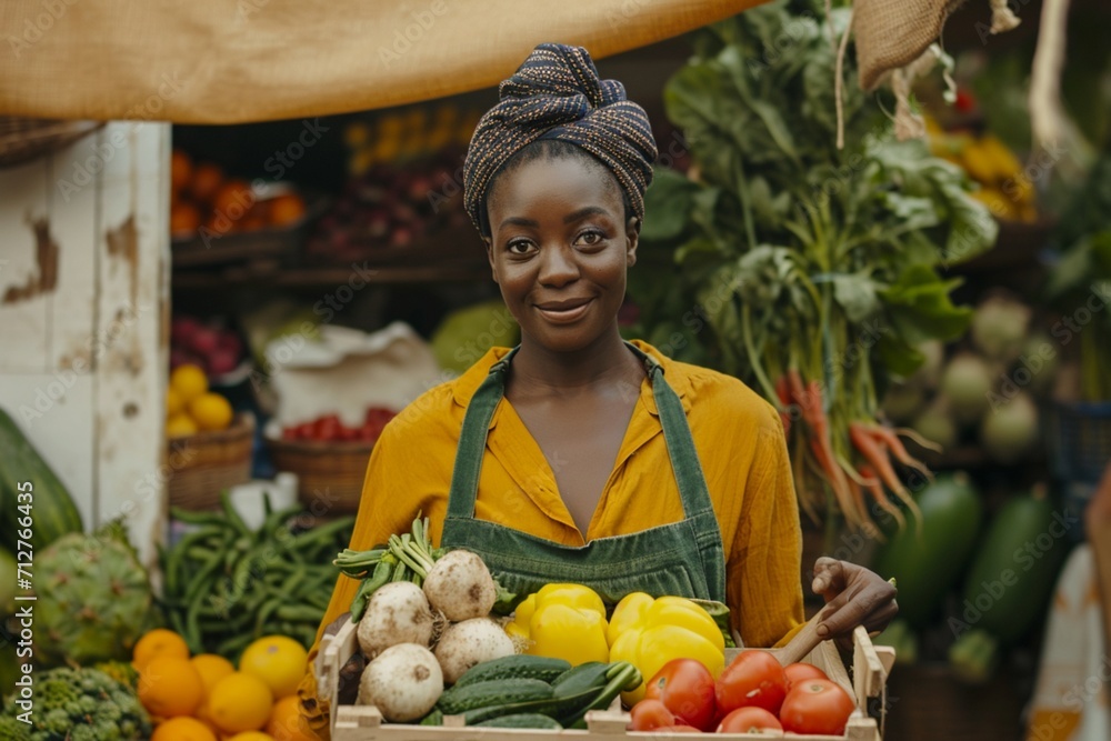 Portrait of a Black Female Working at a Farmers Market Stall with Fresh Organic Agricultural Products. African Businesswoman Holding a Crate with Fruits and Vegetables, Looking at Camera and Smiling