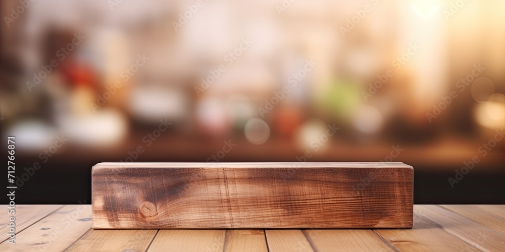 Wooden board in front of blurred background, perfect for displaying or montaging products.
