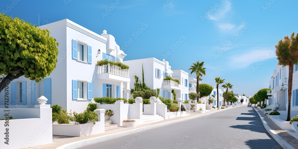 houses on the beach, View from Tunis, Street view with modern architecture in residential, The tourist neighborhood,  Generative AI