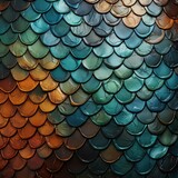 
Pearlescent colored texture of scales in green and black shades, top view. Beautiful pattern dragon scales or snake scales texture for clothing fabric, paper, house roof, decorations. Scales print.