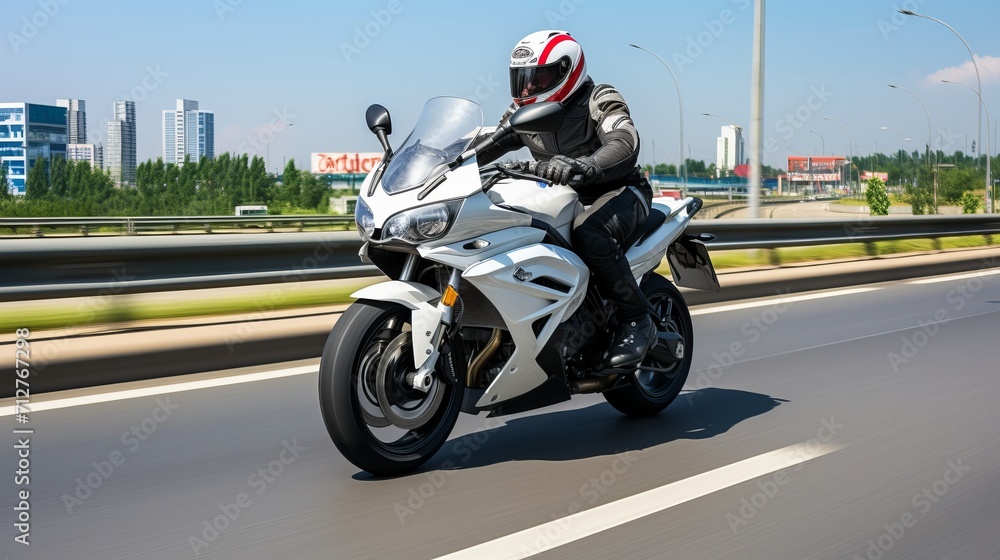 Motorcycle rider speeding on the road at high velocity with motion blur effect Motorcycle rider speeding on the road at high velocity with motion blur effect