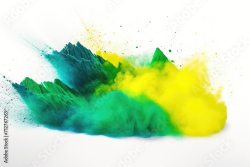 Colorful brazilian flag green yellow blue color holi paint powder explosion on white background. With copy space for advertiser